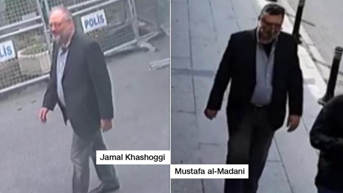 Surveillance footage shows Jamal Khashoggi (left) as he enters the Saudi consulate. A senior Turkish official told CNN the man on the right, Mustafa Al-Madani, dressed up in Khashoggi's clothes after his death. 