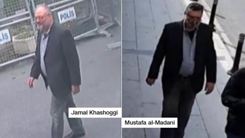 Surveillance footage shows Jamal Khashoggi (left) as he enters the Saudi consulate. A senior Turkish official told CNN the man on the right, Mustafa Al-Madani, dressed up in Khashoggi's clothes after his death.