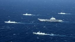 This aerial photo taken on January 2, 2017 shows a Chinese navy formation, including the aircraft carrier Liaoning (C), during military drills in the South China Sea.
The aircraft carrier is one of the latest steps in the years-long build-up of China's military, as Beijing seeks greater global power to match its economic might and asserts itself more aggressively in its own backyard.
 / AFP / STR / China OUT        (Photo credit should read STR/AFP/Getty Images)