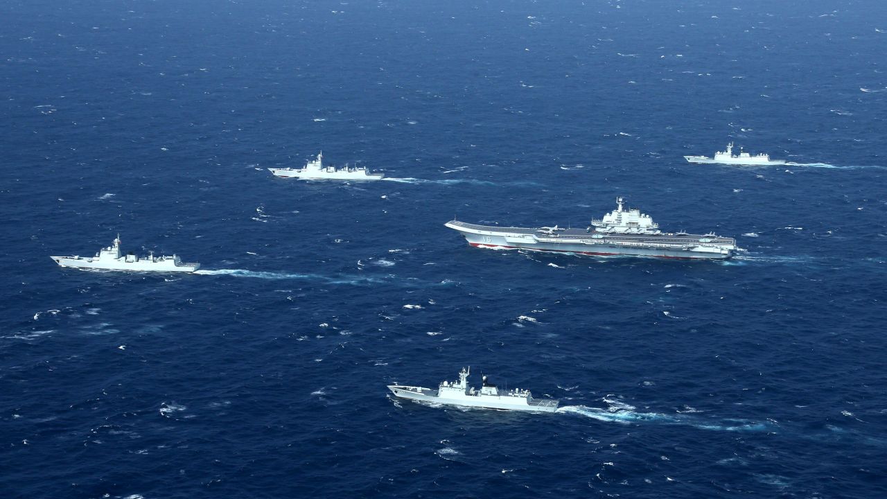 A Chinese navy formation, including the aircraft carrier Liaoning (C), during military drills in the South China Sea in January 2017.