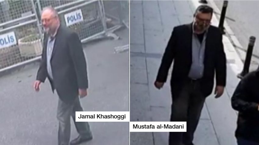Surveillance footage shows Jamal Khashoggi (left) as he enters the Saudi consulate. A senior Turkish official told CNN the man on the right, Mustafa Al-Madani, dressed up in Khashoggi's clothes after his death.