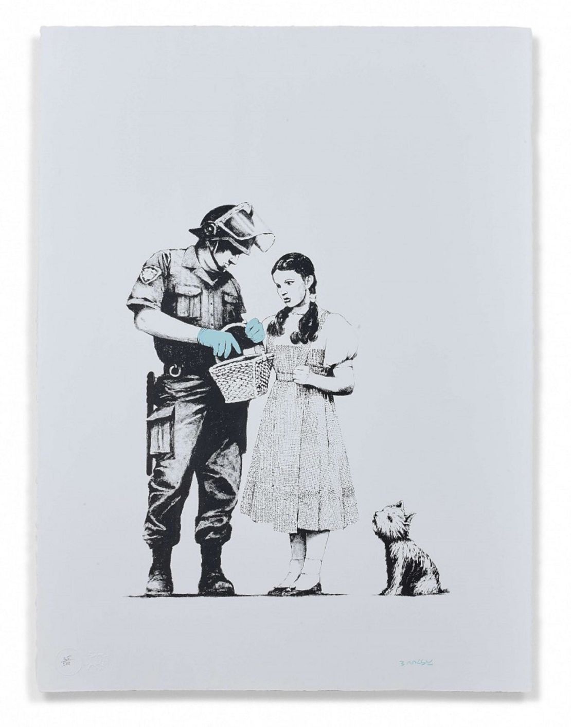 Three Banksy prints are part Artcurial's collection, with bidding starting between €30,000 ($34,400) on the artist's print depicting Dorothy from "The Wizard of Oz" being searched by a police officer, titled "Stop and Search."