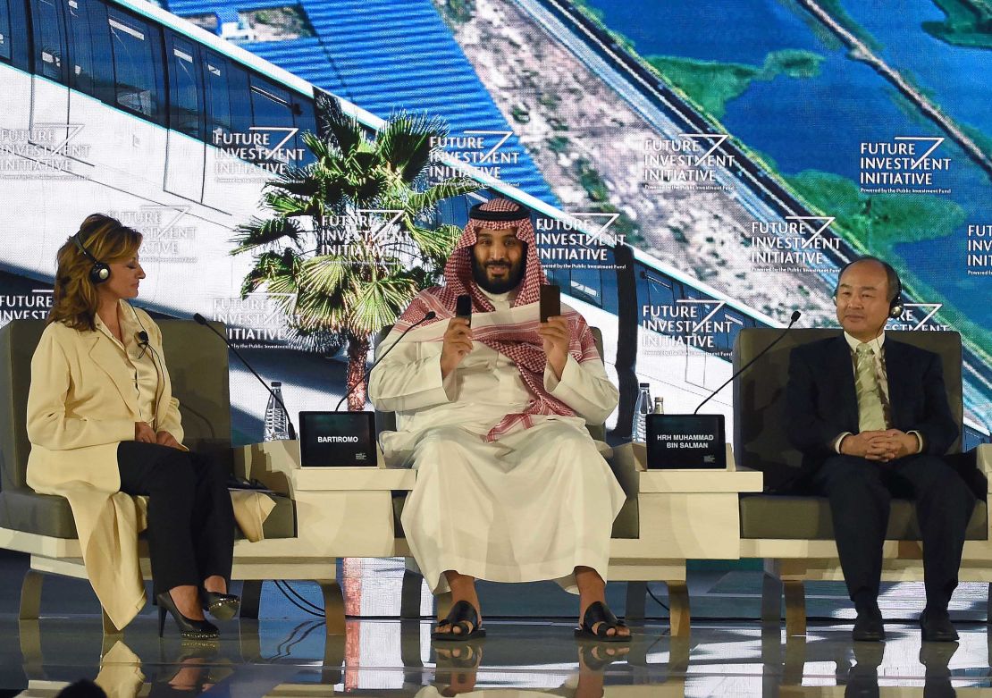 Bin Salman and SoftBank CEO Masayoshi Son at the Future Investment Initiative conference in 2017.