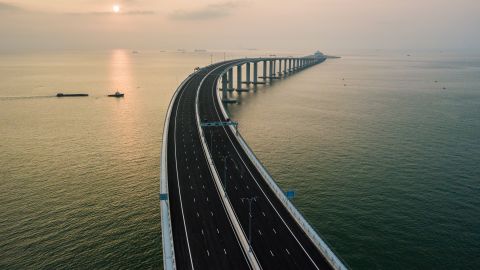 An aerial view taken on October 22, 2018, shows a section of the Hong Kong-Zhuhai-Macau Bridge (HKZM) in Hong Kong. - The world's longest sea-bridge connecting Hong Kong, Macau and mainland China will be launched October 23, at a time when Beijing seeks to tighten its grip on its territories. (Photo by Anthony WALLACE / AFP)        (Photo credit should read ANTHONY WALLACE/AFP/Getty Images)