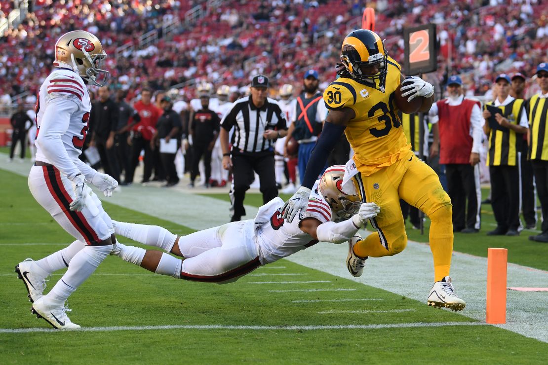 Los Angeles Rams running back Todd Gurley scoring a 12-yard touchdown against the San Francisco 49ers Sunday at Levi's Stadium in Santa Clara, California.