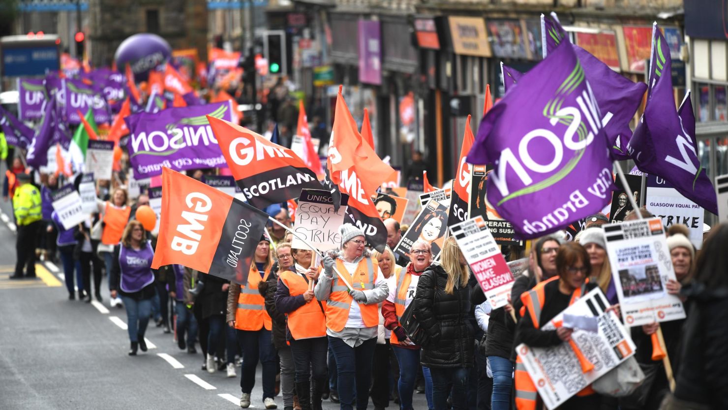 Glasgow City Council workers march for equal pay during a 48-hour strike that began Tuesday. 