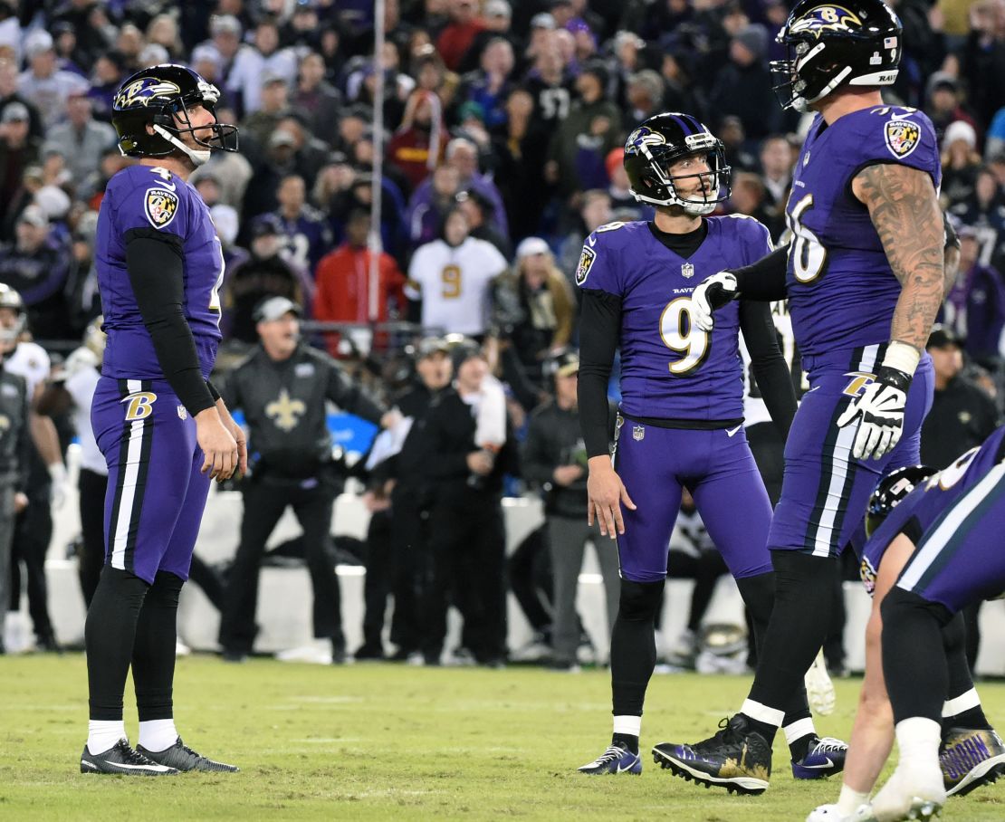 Baltimore Ravens kicker Justin Tucker (9) reacting in shock as his missed extra point kick goes wide right against the New Orleans Saints on Sunday.