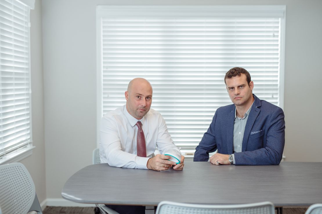 Nanobébé co-founders Ayal Lanternari (left) and Asaf Kehat pose for a portrait in their new office building in Charleston.