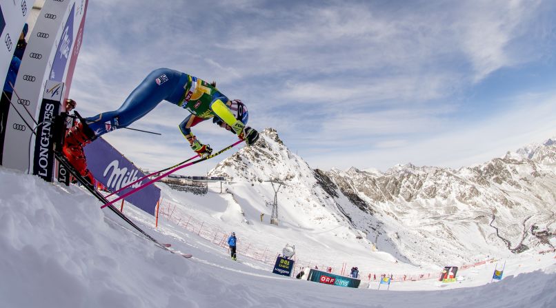 US star Mikaela Shiffrin pushes out of the starting gate at Soelden in 2017.