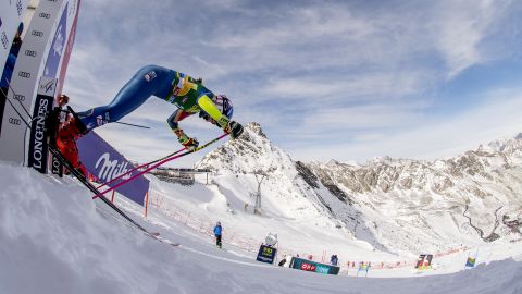 Mikaela Shiffrin pushes out of the starting gate at Soelden.