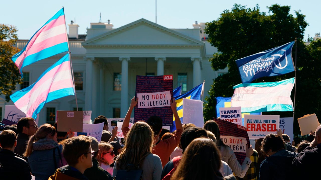 The National Center for Transgender Equality, NCTE, and the Human Rights Campaign gather on Pennsylvania Avenue in front of the White House in Washington, Monday, Oct. 22, 2018, for a #WontBeErased rally.