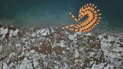 <strong>Weng'an, China</strong>: This aerial shot depicts kayaks moored on the Jiangjie River in Weng'an County, which is in southwest China's Guizhou Province. 