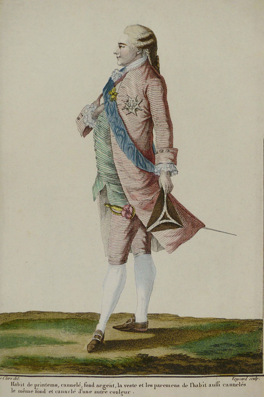 A 1779 image of a man dressed in pink, by Pierre-Thomas LeClerc.