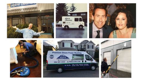 [Clockwise from top left]: Alpine Specialty Cleaning founder Maurice Moe at the old offices in 2005; Alpine's first cleaning van in 1970; today's owners, Eric and Bobbie Moe; a worker cleaning carpets; making a housecall; a powerwasher. 