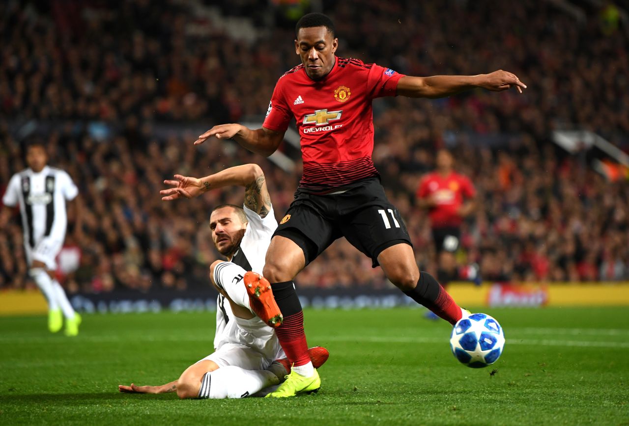 Anthony Martial is tackled by Leonardo Bonucci as the hosts began to create chances in the second-half. 