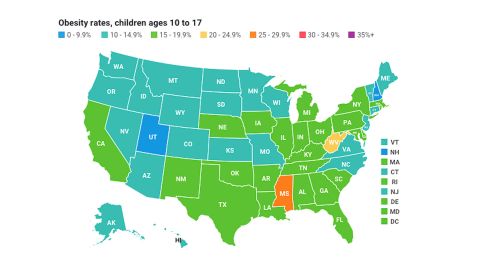 State-by-state childhood obesity rates, based on combined 2016 and 2017 data.