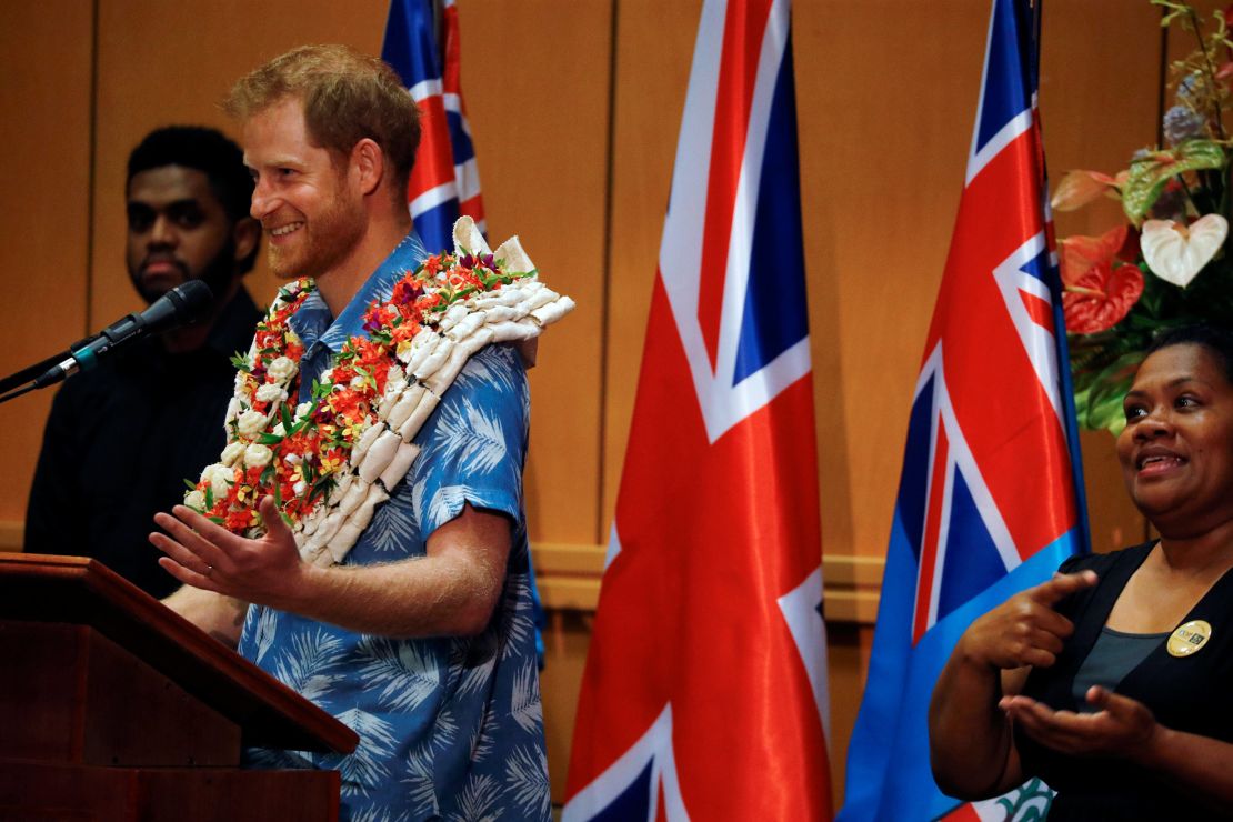 Prince Harry speaks during a visit to the University of the South Pacific.