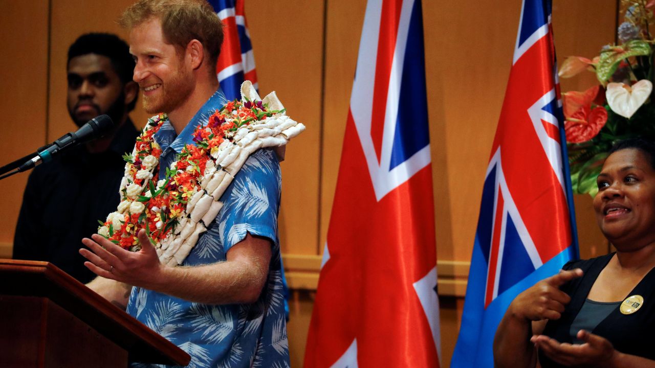 Prince Harry speaks during a visit to the University of the South Pacific.