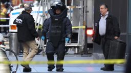 A member of the New York Police Department bomb squad is pictured outside the Time Warner Center in the Manahattan borough of New York City after a suspicious package was found inside the CNN Headquarters in New York, U.S., October 24, 2018. REUTERS/Kevin Coombs