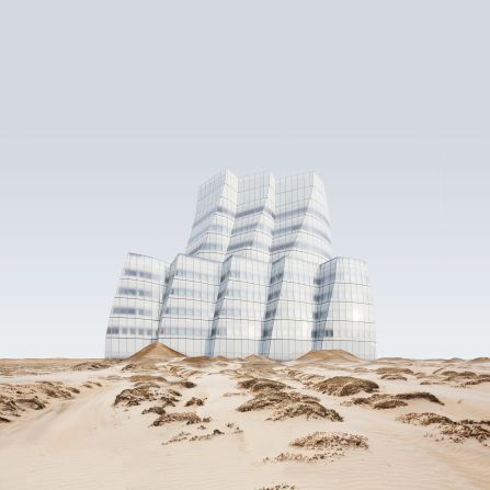 Loose sand serves as the base for the twisting white pillars of Frank Gehry's IAC headquarters. 