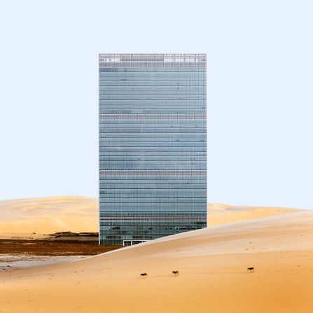 The United Nations headquarters, designed by Oscar Niemeyer and Le Corbusier, appears behind yellow dunes.<br />