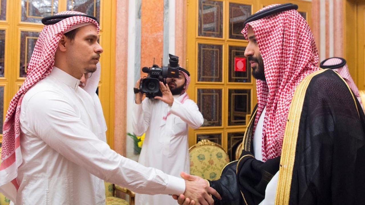 Saudi Crown Prince Mohammed bin Salman and his father King Salman pictured shaking hands with Salah Khashoggi, the journalist's eldest son, and Sahl bin Ahmad Khashoggi, another relative, at Al Yamama Palace in Riyadh.