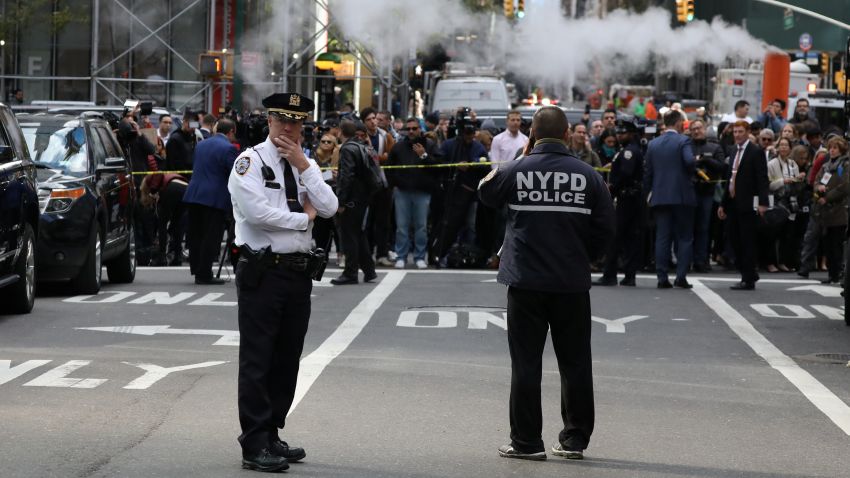 Members of the New York Police Department are pictured outside the Time Warner Center in the Manhattan borough of New York City after a suspicious package was found inside the CNN Headquarters in New York, October 24, 2018.