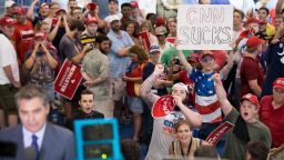 WEST COLUMBIA, SC - JUNE 25: People shout behind CNN reporter Jim Acosta before a campaign rally for South Carolina Governor Henry McMaster featuring President Donald Trump at Airport High School June 25, 2018 in West Columbia, South Carolina. (Photo by Sean Rayford/Getty Images)