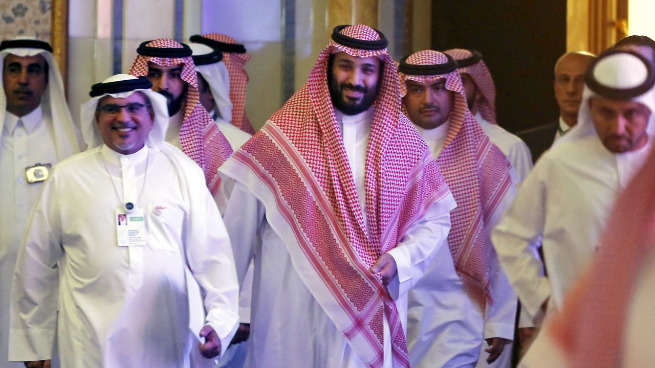 Saudi Crown Prince Mohammed bin Salman, center, attends the Future Investment Initiative conference in Riyadh on Wednesday