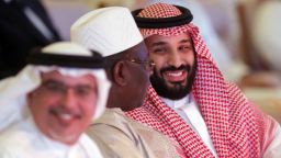 Saudi Crown Prince, Mohammed bin Salman, right, smiles as he talks to Senegali President Macky Sall, center, during the Future Investment Initiative conference, in Riyadh, Saudi Arabia, Wednesday, Oct. 24, 2018. Saudi Crown Prince Mohammed bin Salman will address the summit on Wednesday, his first such comments since the killing earlier this month of Washington Post columnist Jamal Khashoggi at the Saudi Consulate in Istanbul. (AP Photo/Amr Nabil)
