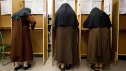 Nuns vote at the Drumcondra National School, near Dublin, Ireland, on February 25, 2011. Irish voters look certain Friday to oust their government in elections dominated by the collapse of the economy and a hated international bailout. AFP PHOTO/Leon Neal (Photo credit should read LEON NEAL/AFP/Getty Images)