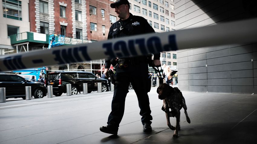 NEW YORK, NY - OCTOBER 24:  Police stand guard outside of the Time Warner Center after an explosive device was found there this morning on October 24, 2018 in New York City. CNN's office at the center was evacuated Wednesday morning after a package arrived that was similar to suspicious packages found near the homes of Bill and Hillary Clinton, Barack and Michelle Obama, billionaire philanthropist George Soros and other prominent political figures.  (Photo by Spencer Platt/Getty Images)