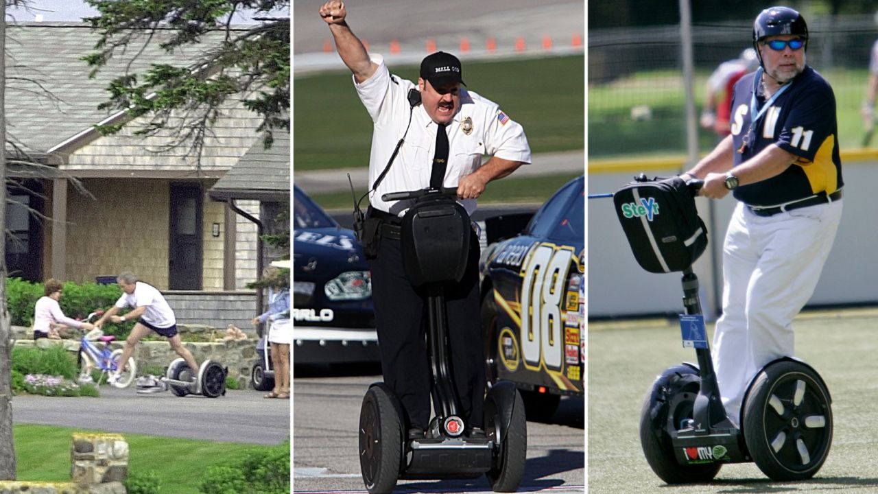 Former president George W. Bush falls off a Segway; Actor Kevin James races NASCAR stock cars on a Segway to promote his 2009 movie, "Paul Blart: Mall Cop;" Apple co-founder Steve Wozniak plays Segway polo.