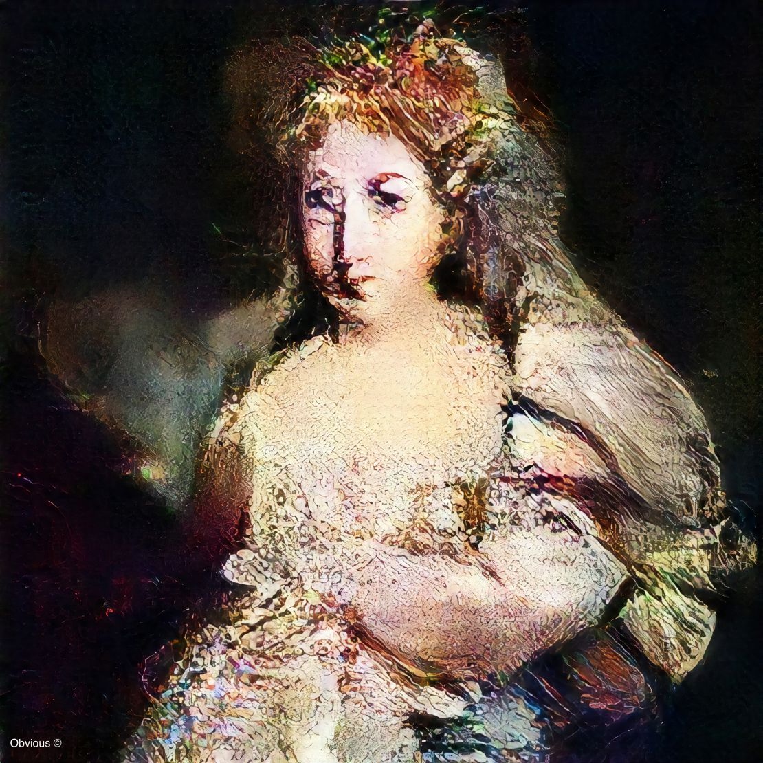 Software by French art collective Obvious "trained" itself using a set of historical paintings for reference, before producing an image that resembles an 18th-century portrait, though it is itself entirely new.