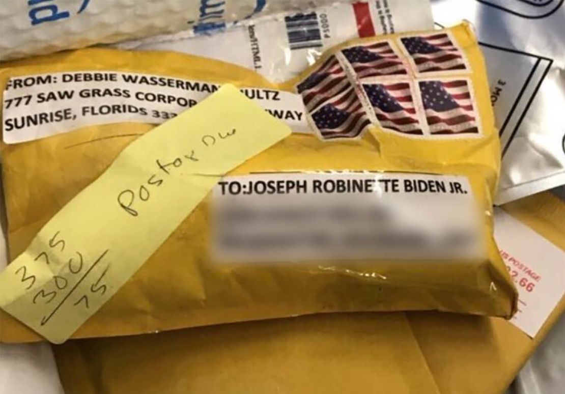This photo of the package addressed to Biden was obtained by WTFX-TV in Philadelphia.