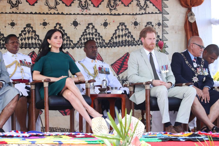 Meghan attended the unveiling of the Labalaba Statue in Fiji wearing a green dress designed by Jason Wu.