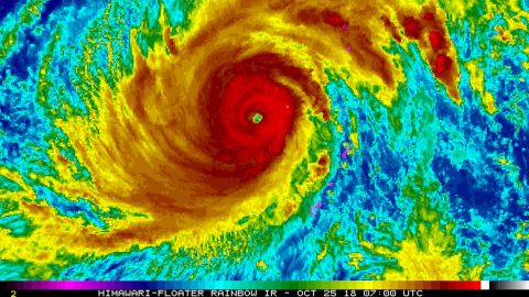 Satellite image provided by the National Oceanic and Atmospheric Administration shows Super Typhoon Yutu after it passed over the Northern Mariana Islands on October 25, 2018.