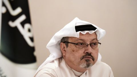 Jamal Khashoggi, looks on during a press conference in the Bahraini capital Manama, on December 15, 2014.