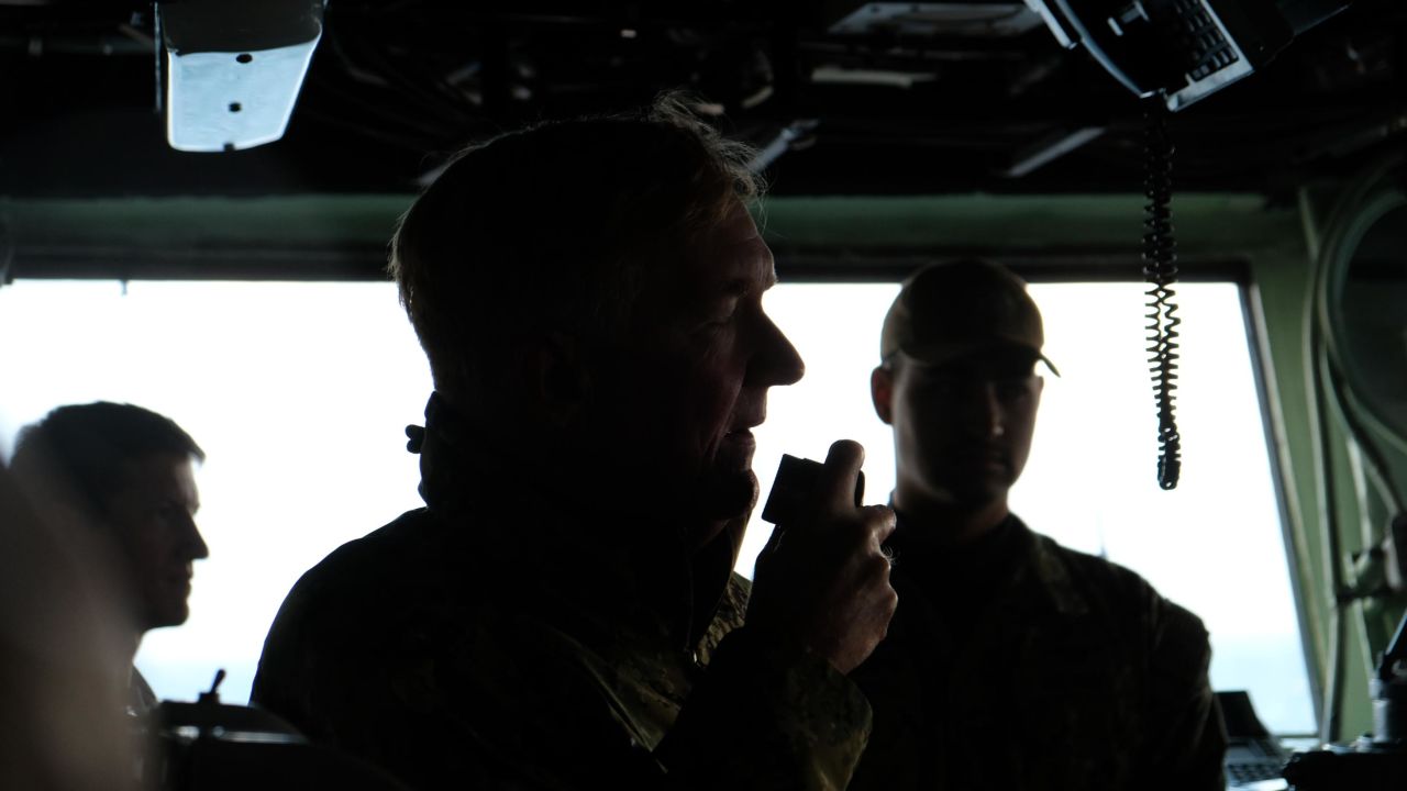 Admiral James G. Foggo III addresses service personnel on the USS Iwo Jima ambibious assault ship ahead of training exercises in Iceland.