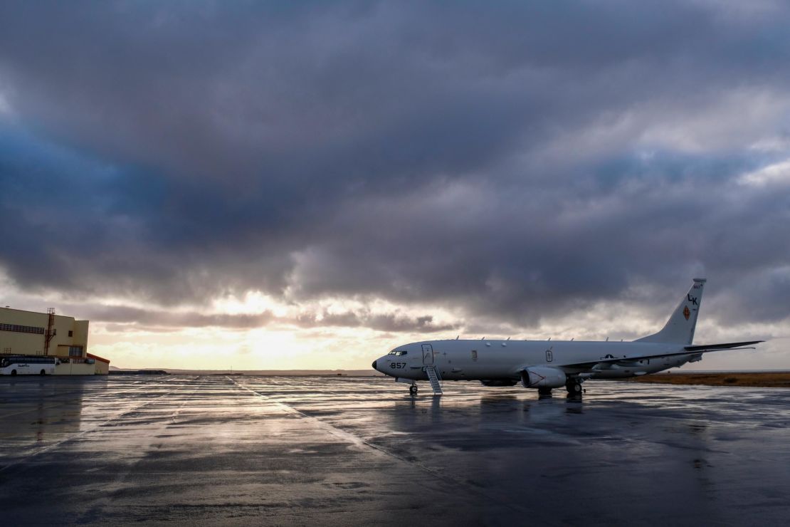 A US Navy P-8 Poseidon surveillance and submarine aircraft sits at Keflavik International Airport ahead of NATO exercises.