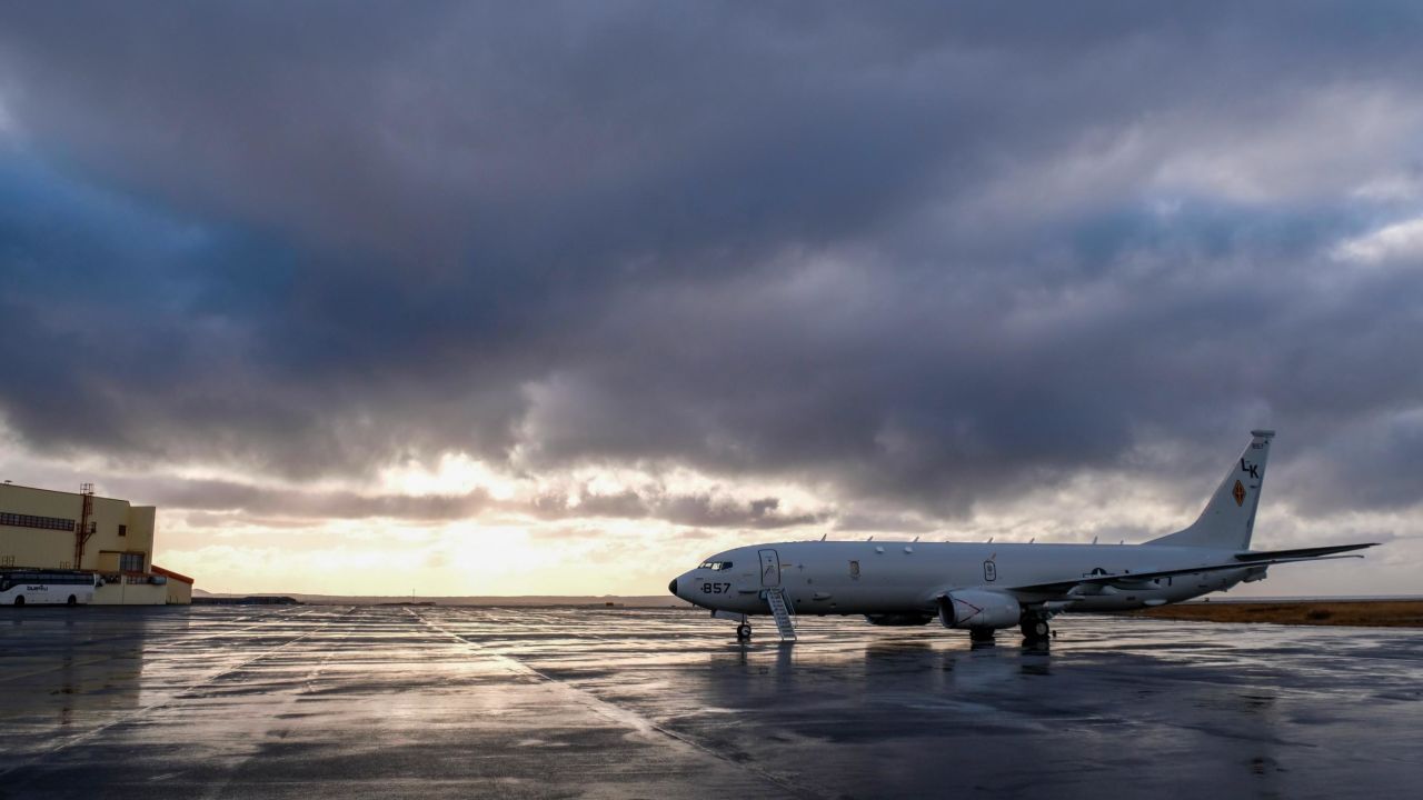 A US Navy P-8 Poseidon surveillance and submarine aircraft sits at Keflavik International Airport ahead of NATO exercises.