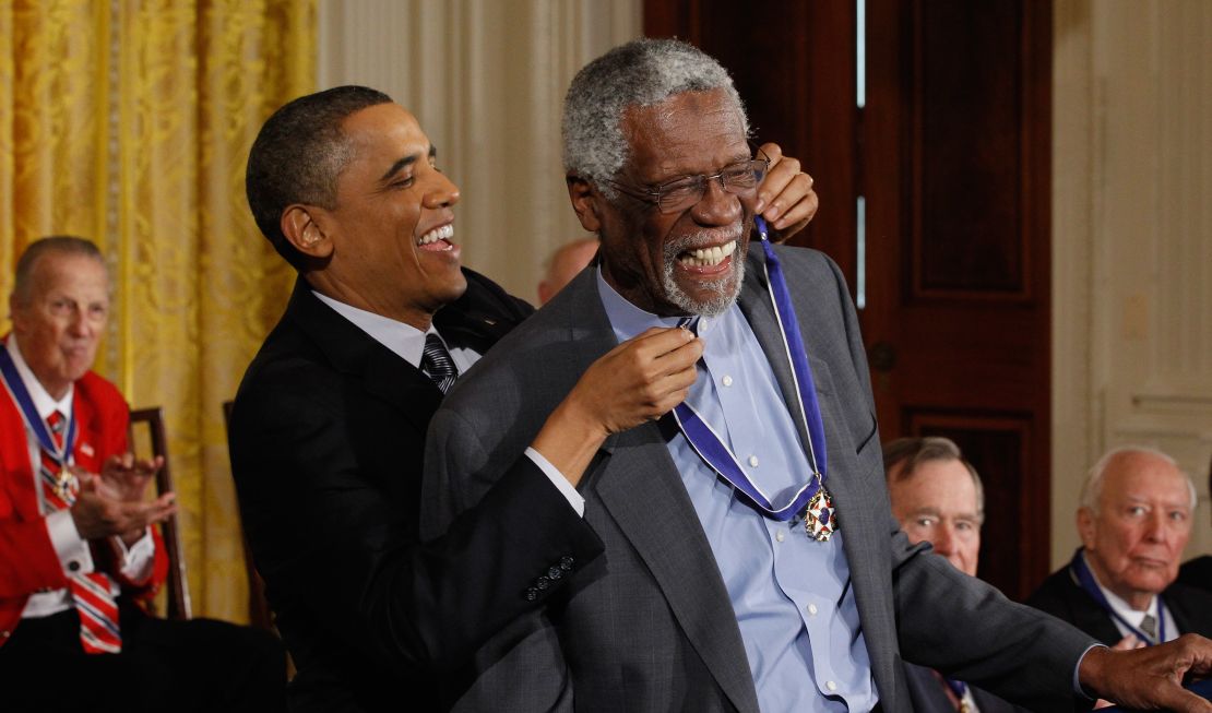 President Obama presents Bill Russell the Medal of Freedom in 2010. Russell was not just a pioneer on the court, he was an outspoken black athlete at a time when most stars kept out of politics. Russell still speaks out.