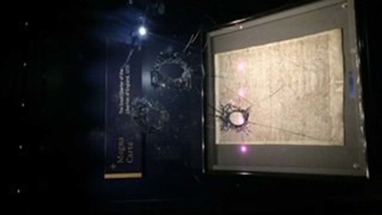Police say a man tried to steal the Magna Carta from Salisbury Cathedral by smashing its glass casing with a hammer.