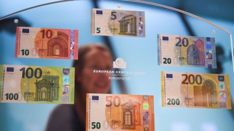 Euro banknotes including the new versions of the 100- and 200-euro banknote are pictured on September 17, 2018, in Frankfurt, western Germany.