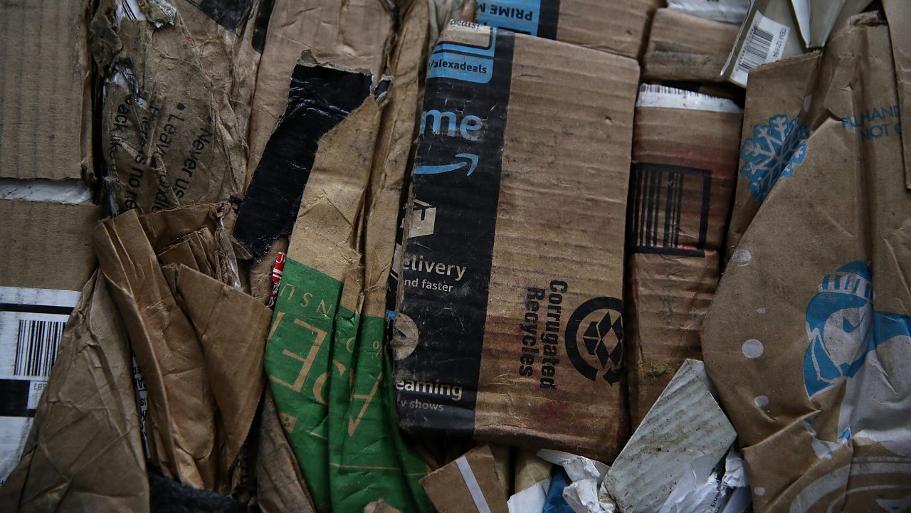 SAN FRANCISCO, CA - JANUARY 04:  Amazon Prime boxes are seen in a bundle of recycled cardboard at Recology's Recylce Central on January 4, 2018 in San Francisco, California. Recycle centers are seeing a spike in cardboard recycling following the holidays after a record year for online retailers. The U.S. Postal Service estimates that they delivered ten percent more packages in 2017 with Amazon shipping over five billion items for Prime members.  (Photo by Justin Sullivan/Getty Images)