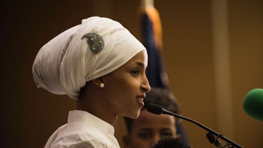Ilhan Omar, a candidate for State Representative for District 60B in Minnesota, gives an acceptance speech on election night, November 8, 2016 in Minneapolis, Minnesota. 
Omar, a refugee from Somalia, is the first Somali-American Muslim woman to hold public office. / AFP / STEPHEN MATUREN        (Photo credit should read STEPHEN MATUREN/AFP/Getty Images)