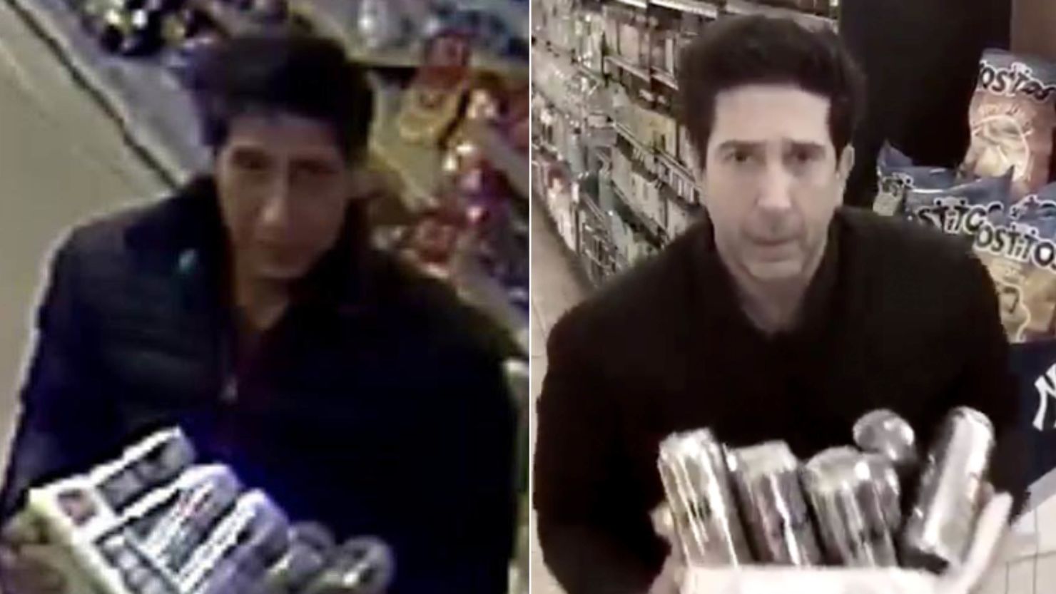 The suspect (left) and his doppelganger, "Friends" star David Schwimmer (right) in his spoof of the viral video.