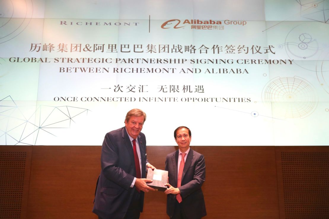 Richemont Chairman Johann Rupert (left) and Alibaba CEO Daniel Zhang (right) at the signing ceremony in Hangzhou, China.