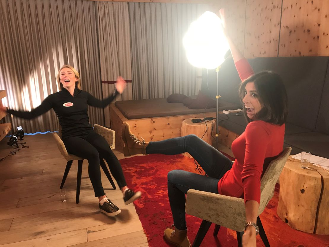 Mikaela Shiffrin (left) chats to Christina MacFarlane for CNN's Alpine Edge in Soelden, Austria.