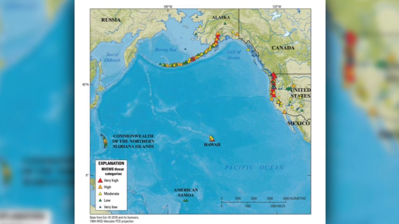 This map shows the locations of all US volcanoes with threat category designated by color.
